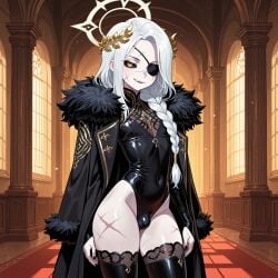 ai_generated androgynous black_fingernails black_sclera braided_ponytail eyepatch fangs femboy fur_trim girly gold_eyes halo laurel_crown leotard long_coat long_hair opulent_details otoko_no_ko scars scars_all_over scars_on_face scars_on_thighs thighhighs white_hair