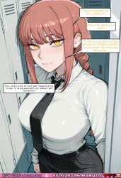 1girl ai_generated bangs big_breasts black_necktie black_skirt blush braided_hair breasts chainsaw_man cleavage comic comic_strip comics dialogue dominant_female english_text female female_only femdom glossy_lips hair_between_eyes huge_breasts indoors large_breasts lipstick locker_room long_hair looking_at_viewer makeup makima_(chainsaw_man) mature_female meowllete multiple_views necktie nsfw orange_hair pink_hair school_lockers school_uniform seductive_smile shiny_skin shirt side_braid smile solo speech_bubble sweat sweatdrop teacher teasing text tie wet_skin white_shirt yellow_eyes
