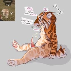 saber sabertooth smilodon smilodon_fatalis sweat sweatdrop solo male gooning jerking cum cumshot ecos_la_brea ecos roblox extinct saber-toothed_tiger saber-toothed_cat spots fur feral ice_age prehistoric_species orange_fur erythristic spiky_cock cat_ears cat feline felid mammal text feline_penis hearts_around_head game full_body adult adult_male felidae predator cock penis long_fangs balls teeth fangs teal_eyes bigcat big_cat short_tail wildcat