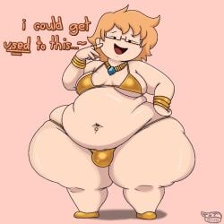 1boy belly bracelets deep_navel dialogue english_text fat fat_belly gold_jewelry gold_ring golden_bikini golden_week male male_only male_with_breasts navel_piercing obese obese_male orange_hair original_character overweight smug tagme thick_thighs thickandtwisted wide_hips
