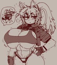 1girls abs animal_ears blushing cleavage female female_abs grutts looking_away monochrome muscular muscular_female ponytail pussy_slip sigh sighing solo solo_female speech_bubble sweat sweaty sweaty_female tagme underboob woman