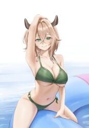 1girl arm_above_head armpit big_breasts bikini cleavage female green_bikini green_eyes hand_on_head indie_virtual_youtuber light_brown_hair navel nimi_nightmare samukzz tapir tapir_ears tapir_girl underboob virtual_youtuber vtuber water