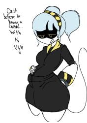 black_clothing black_suit blue_hair female female_only frustrated ghastlypann glitch_productions holding_belly humanoid humanoid_robot j_(murder_drones) medium_breasts murder_drones pregnant robot robot_girl robot_tail tagme white_background white_skin