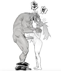 5_fingers anthro big_breasts blush bottomwear bottomwear_down breasts caiman_(dorohedoro) clothed clothing dorohedoro duo embarrassed erection exclamation_point eyebrows female fingers francis_xie french_kissing genitals greyscale hair hi_res human human_on_anthro humanoid_genitalia humanoid_penis interspecies kissing lizard long_hair male male/female mammal monochrome motion_lines nikaidou_(dorohedoro) nipples nude pants pants_down partially_clothed penis ponytail reptile scalie sharp_teeth simple_background speech_bubble standing teeth tongue tongue_out white_background