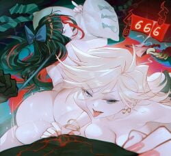1boy 2girls 666 absurdres ass black_hair blonde_hair blue_eyes bracelet breasts chinese_commentary commentary_request condom earrings ffm_threesome ghost_(psg) group_sex hetero highres holding holding_pillow hoop_earrings jewelry leash leash_pull long_hair looking_at_viewer medium_breasts middle_finger multiple_girls panty_&_stocking_with_garterbelt panty_(psg) persimmonszzz pillow pov prone_bone sex sex_from_behind siblings sisters stocking_(psg) threesome tongue tongue_out used_condom