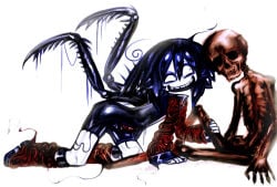 1boy 1other :d ahoge biob0t black_dress black_hair black_shoes black_shorts blue_hair character_request colored_skin corpse dress english_commentary fang guro hair_between_eyes hair_flaps holding_another's_leg horror_(theme) intestines looking_at_another multicolored_hair necro_(psychojesus) necro_morselli_(biob0t) necrophilia open_mouth original shoes shorts skull smile teeth upper_teeth_only white_background white_skin wings