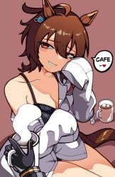 2girls agnes_tachyon_(umamusume) animal_ears blush bra breasts brown_eyes brown_hair cafe cleavage cup gloves hair_between_eyes heart labcoat looking_at_another looking_at_viewer manhattan_cafe_(umamusume) mug n0_image panties pov short_hair smile speech_bubble spoken_heart tail umamusume umamusume_pretty_derby underwear