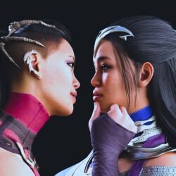 2girls 3d almost_kissing alternate_timeline black_hair dark_hair eye_contact female female_only hand_on_chin hand_on_face imminent_kiss implied_incest kitana mileena mortal_kombat mortal_kombat_1_(2023) netherrealm_studios princess rayalterego23 sister_and_sister sisters twins yuri