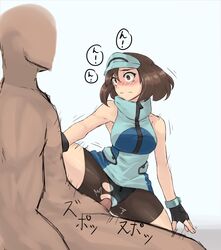 ! 1boy 1girls ace_trainer_(pokemon) ace_trainer_(pokemon_sm) bare_shoulders blush breasts brown_eyes brown_hair clothed clothed_female_nude_male comic eyelashes faceless_male gloves hat human nintendo npc_trainer nude panties panties_aside penis pokemon pokemon_sm see-through sex shirt shorts spread_legs straight text torn_clothes translation_request trembling uncensored vaginal_penetration