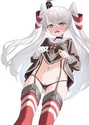 1girl absurdres al2 amatsukaze_(kancolle) blush brown_dress camel clitoris_slip dress female female_only garter_straps gloves grey_neckerchief hair_tubes highres kantai_collection lifebuoy lifebuoy_ornament long_hair long_shirt navel neckerchief no_pants panties pussy pussy_peek red_thighhighs sailor_collar sailor_dress short_dress single_glove smokestack_hair_ornament solo string_panties striped_clothes striped_thighhighs sweat swim_ring thighhighs two_side_up underwear white_background