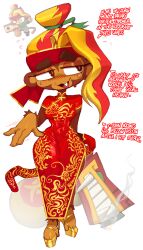 1girls bloons_tower_defense chinese_clothes dialogue female female_only goatboydraws gwendolin_(bloons_tower_defense) monkey monkey_girl primate simple_background sweat talking_to_viewer text wide_hips