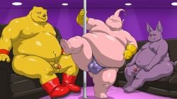 alien anthro balls belly bobbellyboy botamo bulge champa clothing dancing domestic_cat dragon_ball dragon_ball_super erection felid feline felis fupa furniture genitals group hi_res majin majin_buu male male/male male_only mammal moobs navel nipples nude overweight overweight_male penis pink_body pole pole_dancing purple_body small_penis sofa stripper stripper_pole thong trio underwear