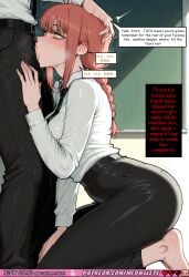 makima_(chainsaw_man) chainsaw_man 1girl 1boy male/female hetero oral oral_sex fellatio deepthroat irrumatio choking hand_in_hair hair_grab rough_sex kneeling blowjob saliva drool tears sweat sweatdrop wet_skin shiny_skin large_breasts huge_breasts cleavage white_shirt school_uniform shirt black_necktie necktie black_pants long_hair orange_hair braided_hair side_braid yellow_eyes blush teacher mature_female classroom english_text speech_bubble text dialogue multiple_views nsfw meowllete ai_generated comic comics comic_strip