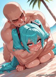 1boy 1girl 2026 ai_generated anime aqua_eyes aqua_hair bald bangs beach blush boobs breast_press breasts cleavage clenched_teeth closed_eyes completely_nude crossover day drooling explicit female female_focus flushed hair_between_eyes hatsune_miku hetero highres huge_breasts large_breasts long_hair lying male nsfw nude ocean on_stomach outdoors patreon pigtails prone_bone rognezart rolling_eyes saliva sex sex_from_behind sexual_intercourse shiny shiny_skin sky solo straight sweat sweaty teeth tree twintails very_long_hair vocaloid