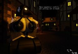 1girls 3d areolae arm_warmers bikini_top english_text female grey_body holding_bag massive_breasts medieval night nipple_bulge nipple_piercing outdoors plague_doctor plague_doctor_mask roblox roblox_background roblox_studio robloxian self_upload text therandombee thick_thighs thighs