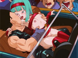 1girls 3boys aqua_hair belt black_belt black_hair blue_eyes blush bra_(dragon_ball) breasts car censored dragon_ball dragon_ball_gt father_and_child father_and_daughter french_kiss hairband highres incest jcm2 kiss long_hair mosaic_censoring motor_vehicle multiple_boys nipples open_mouth parent_and_child penis red_hairband red_skirt saliva sex sex_from_behind short_hair skirt small_breasts tongue tongue_out vegeta