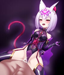 1boy 1girl :q animal_ears bar_censor bare_shoulders black_gloves black_leotard blush bodysuit boots breasts cat_ears censored circlet closed_mouth clothed_female_nude_male clothed_sex clothing_aside collar collarbone commentary_request corruption covered_navel covered_nipples cowgirl_position cum cum_in_pussy dark_persona elbow_gloves entenca eyeshadow femdom forehead_ui garter_straps girl_on_top gloves gradient_background half-closed_eyes heavy_breathing hetero highleg highleg_leotard highres latex leotard leotard_aside living_clothes makeup medium_breasts navel non-pubic_inmon nude original penis pubic_tattoo pubic_tattoo_visible_through_clothes purple_background purple_eyes purple_gloves purple_hair pussy raised_inner_eyebrows red_eyes see-through_clothes sex shiny_clothes short_hair shoulder_tattoo simple_background small_breasts smile solo_focus spread_legs straddling tail tamane_(entenca) tattoo thigh_boots thighhighs thighs tongue tongue_out vaginal white_hair