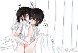 2girls amakura_mayu amakura_mio bed black_hair blanket blush bob_cut bottomless breasts clenched_teeth closed_eyes clothed_sex collarbone collared_shirt commentary covered_mouth curtains dated ear_blush fatal_frame fatal_frame_ii:_crimson_butterfly female female_only fingering flwct front-to-back heads_together heart heavy_breathing hickey highres incest infirmary kiss kissing_cheek knees_up medium_breasts motion_lines multiple_girls navel no_bra nose_blush on_bed open_clothes open_shirt parted_lips pillow reach-around saliva school_uniform shirt short_hair short_sleeves siblings sisters sitting sitting_between_legs speech_bubble speed_lines spoken_heart sweat teeth translated trembling twincest twins twitter_username under_covers white_background yuri
