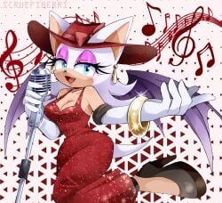 1girl animal_ears artist_name bat_ears bat_girl bat_wings beamed_sixteenth_notes big_breasts black_shoes black_wings bracelet breasts cleavage commentary cosplay dress earrings elbow_gloves eyeshadow female female_only furry furry_female glitter_dress gloves hat high_heels highres holding holding_microphone jewelry large_breasts lips makeup mario_(series) microphone musical_note musical_staff nintendo open_mouth pauline_(cosplay) pauline_(mario)_(cosplay) pauline_(nintendo)_(cosplay) pink_eyeshadow red_dress red_hat rouge_the_bat safe safe_for_work scruffiberri scruffyart sega sfw shoes sleeveless sleeveless_dress solo sonic_(series) sonic_the_hedgehog_(series) super_mario_odyssey treble_clef vintage_microphone white_gloves wings