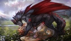 4_ears black_body black_scales bodily_fluids brown_body brown_fur claws cum cum_in_vagina cum_inside dragon erection feathered_wings feathers felkin feral fur furred_dragon furred_scalie genital_fluids genitals grass hi_res horn knot male multi_ear mythological_creature mythological_scalie mythology pawpads penetration penis pink_pawpads plant red_knot red_penis red_tongue scales scalie solo tongue vaginal vaginal_penetration ventral_scales white_body white_claws white_fur white_horn wings zweikopfeinhorn