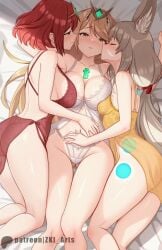 3girls ass ass_visible_through_thighs back bare_thighs bed bed_sheet big_breasts blonde_hair blush boobs breasts canon_polyamory cat_ears catgirl crystal female fff_threesome gray_hair kiss kissing kissing_cheek large_breasts legs lesbian_threesome lingerie long_hair medium_breasts mythra navel nia nia_(blade) nia_(xenoblade) nintendo pyra red_hair sarong short_hair sideboob thighs tiara translucent xenoblade_(series) xenoblade_chronicles_2 yuri z-ki