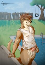 aennor eyewear glasses looking_at_viewer male male_only mammal mustelid nude otter presenting suggestive tarrin wet whet_shirt