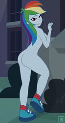 1girls against_wall anthro arm_support ass back_view breasts burstfire equestria_girls equine female female_only friendship_is_magic from_behind hair horse indoors inside long_hair looking_at_viewer looking_back multicolored_hair my_little_pony nude pony pose purple_eyes rainbow_dash_(mlp) rainbow_hair shoes smile solo straight_hair window young