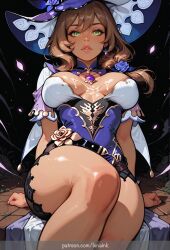 1girl ai_generated arm_support blush breasts breasts_apart brown_hair capelet cleavage cum cum_on_body cum_on_breasts dress female female_only flower genshin_impact green_eyes hair_flower hair_ornament hat hat_belt hat_flower jewelry large_breasts lips lisa_(genshin_impact) long_hair looking_at_viewer lunaink multicolored_clothes multicolored_dress parted_lips patreon_username petals purple_capelet purple_flower purple_headwear rose sitting solo thighs vision_(genshin_impact) witch witch_hat