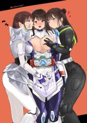 3girls armor armored_female blush bodysuit breasts breasts_out brown_hair cycloneaction green_eyes kamen_rider kamen_rider_geats_(series) kamen_rider_girls_remix_(series) kamen_rider_gotchard_(series) kamen_rider_hakubi kamen_rider_kiva_(series) kamen_rider_kivala kamen_rider_majade purple_eyes rinne_kudo sara_sakurai shizuka_nomura tagme thighs tits tokusatsu touching_breast yuri
