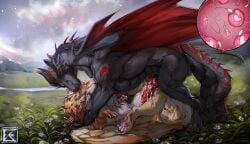 4_ears black_body black_scales bodily_fluids brown_body brown_fur claws cum cum_in_vagina cum_inside dragon erection feathered_wings feathers felkin feral fur furred_dragon furred_scalie genital_fluids genitals grass hi_res horn impregnation knot male multi_ear mythological_creature mythological_scalie mythology pawpads penetration penis pink_pawpads plant red_knot red_penis red_tongue scales scalie solo tongue vaginal vaginal_penetration ventral_scales white_body white_claws white_fur white_horn wings zweikopfeinhorn