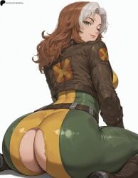 1girl 1girls ai_generated ass belt bodysuit boots brown_footwear brown_hair brown_jacket closed_mouth female female_only freckles green_bodysuit green_eyes hi_res high_quality high_resolution highres huge_ass jacket light lips long_hair looking_at_viewer looking_back marvel marvel_comics marvel_rivals multicolored_hair nose one_eye_closed opal_nemy patreon_logo patreon_url patreon_username plain_background rogue_(marvel_rivals) rogue_(x-men) self_upload shadow shiny shiny_clothes shiny_hair shiny_skin simple_background sitting solo thick_lips thick_thighs thighs torn_clothes wariza watermark white_background white_hair yellow_bodysuit