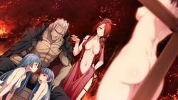 4girls areolae ass bare_arms blue_hair braid breasts censored cleavage_cutout clothed_female_nude_female clothed_male_nude_female collaborative_fellatio collarbone crucifixion crying dimples_of_venus dress erection fellatio fire forest game_cg grey_hair hair_over_one_eye hair_stick highres jacket large_breasts legs long_hair looking_at_another mosaic_censoring multiple_girls navel nipples open_mouth oral outdoors penis purple_eyes red_dress red_eyes red_hair ryakudatsusha_no_inen sakyuuan scar serious siblings single_braid sitting sleeveless small_breasts smile standing teamwork tears thighs tied_hair tongue twins