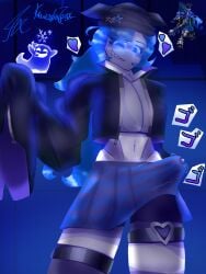 shadow shadow_prankster_(supersus) supersus fanmade supersus_fanmade prankster_(supersus) dress futanari 1futa futa_bulge bulge cock massive_cock massive_breasts blue_eyes blue_hair blue_body blue_skin blue_dress clothing precum futa_only kawendrazpax futa_solo solo down_view down_angle pov female