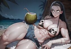 paigen ai_generated original original_character ravena_(paigen) monster_girl horror horror_(theme) 1girls female breasts black_hair long_hair white_eyes black_sclera scar_over_eye scar bones skull wrappings toned_body toned_female abs muscles pale_skin large_breasts necromancer beach sand water ocean clothed clothing clothes bikini swimsuit shorts denim_shorts daisy_dukes coconut towel