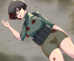 1girl absurdres bleeding blood blood_from_mouth blood_on_clothes blood_on_face blood_on_ground breasts broken_eyewear brown_hair cameltoe chest_rig combat_shirt commentary_request corpse curvy death deep_wound defeat empty_eyes female_death glasses gunshot_wound guro headshot highres injury k-yuuta1133 large_breasts lying on_back on_ground orange_eyes original pee_stain short_hair short_shorts shorts snuff solo tactical_clothes