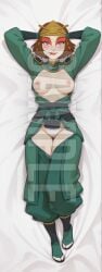 1girls ai_generated arms_up avatar_the_last_airbender blue_eyes blush breasts brown_hair clothed clothing dakimakura female full_body hi_res high_resolution highres kyoshi_warrior lying lying_on_back makeup nipples panties patreon sleeplessnighty smile solo solo_focus suki tagme watermark