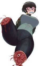 1girl absurdres bleeding blood breasts brown_hair cameltoe camouflage camouflage_shirt combat_shirt commentary_request crying crying_with_eyes_open cut-here_line deep_wound dismemberment ear_tag gag glasses guro highres improvised_gag injury k-yuuta1133 large_breasts leggings nosebleed original shirt short_hair simple_background solo tactical_clothes tape tape_gag tears