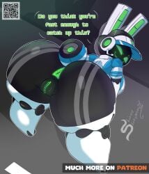 absurd_res anthro anus bent_over black_body blue_clothing blue_topwear breasts clothing dialogue electronics female genitals green_anus green_eyes green_vulva hat headgear headphones headwear hi_res lagomorph legwear leporid looking_at_viewer looking_back looking_back_at_viewer mammal project_turboblast rabbit rear_view robot_anthro shirou_shirigamy smile solo talking_to_viewer tempo_(project_turboblast) text thick_thighs thigh_highs topwear visor_cap vulva white_clothing white_legwear white_thigh_highs wide_hips