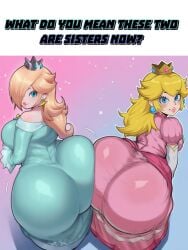2girls ai_generated ass breasts female female_focus large_ass large_breasts light-skinned_female looking_back mario_(series) nintendo princess_peach princess_rosalina rayasox thick_thighs thighs wide_hips