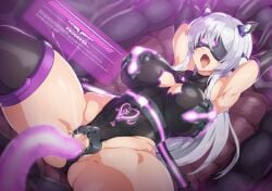 1girl armpits arms_up barcode black_leotard blindfold bound breasts censored corruption covered_eyes covered_navel elbow_gloves female_ejaculation gloves glowing hasumi_(mission_mermaiden) head-mounted_display impossible_clothes impossible_leotard lactation large_breasts leotard long_hair lying mind_control mission_mermaiden mosaic_censoring nandz object_insertion open_mouth orgasm pubic_tattoo purple_eyes pussy_juice restrained sex_machine solo spread_legs stationary_restraints tattoo tentacle_sex tentacles thighhighs tongue tongue_out vaginal vaginal_object_insertion white_hair