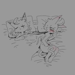 ambiguous_gender anthro bandage bandaged_ear bed bed_sheet bedding blush bodily_fluids covering covering_mouth d'arktanyan_(the_battle_cats) d'artanyan_(the_battle_cats) domestic_cat duo eye_scar facial_scar felid feline felis furniture genitals hair head_tuft hi_res holding_penis long_hair looking_at_another lying male mammal masturbation nude_anthro nude_male on_back on_side on_side_handjob pawpads penis pillow ponos_corp. scar simple_background sleeping sleeping_together sweat tail the_battle_cats tuft u-naduki