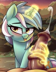 2016 absurd_res animal_genitalia animal_penis blush cum cumshot cutie_mark duo ejaculation equine equine_penis feral friendship_is_magic glowing hair hi_res horn horsecock looking_at_viewer lyra_heartstrings_(mlp) magic male male_pov mammal multicolored_hair my_little_pony orgasm outside penis pov shinodage smile tongue tongue_out two_tone_hair unicorn