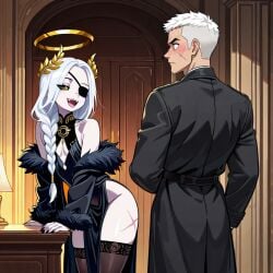 2boy ai_generated androgynous black_fingernails black_sclera braided_ponytail embarrassed_expression eyepatch fangs femboy flirting flirting_with_partner fur_trim girly gold_eyes halo laurel_crown leaning_on_object leotard long_coat long_hair military military_uniform opulent_details otoko_no_ko scars scars_all_over scars_on_face scars_on_thighs short_hair thighhighs white_hair