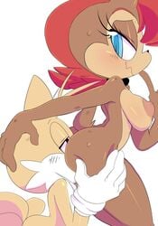 2017 anal anthro ass blue_eyes breasts brown_fur butt_grab canine chipmunk cloudz eyelashes face_in_ass female fox fur hair half-closed_eyes hand_on_ass head_grab invalid_tag male mammal multi_tail oral orange_fur red_hair rimming rodent sally_acorn sex smile sonic_(series) tails