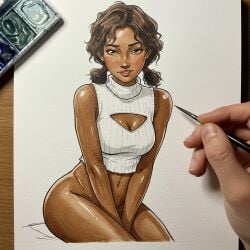 1girls 2d ai-created ai_art ai_generated ass bare_thighs belly_button blush bottomless brown_eyes brown_hair cleavage cleavage_cutout clementine_(the_walking_dead) clothing crop_top dall-e3 dark-skinned_female dark_skin drawing female female_focus hands_between_thighs lips lipstick looking_at_viewer medium_breasts medium_hair navel pantsless partially_clothed petite shirt sitting sweater the_walking_dead the_walking_dead_game thighs turtleneck