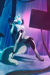 anthro belk1n breasts canid canine clothing computer cyberpunk cyberspace electronics female fox hi_res karo mammal masturbation panties penetration solo underwear vaginal vaginal_penetration