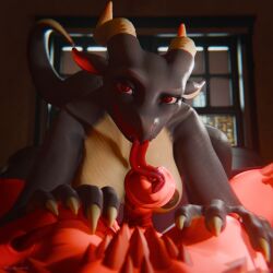 3d_(artwork) anthro bovid breasts caprine caprine_demon chert_(slad) demon digital_media_(artwork) dragon duo female female/female female_anthro fur goat_demon hi_res horn iuseblender3d lizard mammal mythological_creature mythological_scalie mythology nude oral red_body red_fur reptile salliviya_(slad) scalie