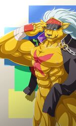 abs anthro armpits ban-tyo bancho bancholeomon broken_(artist) digimon digimon_(species) feline lion looking_at_viewer male male_only mammal muscular pecs simple_background