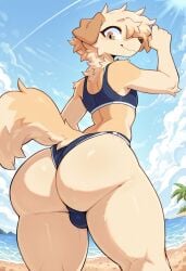 1boy solo furry femboy jordyn_(goobysart) swimsuit beach sunny low-angle_view looking_at_viewer smile sea sand ass_focus big_ass balls_under_clothes balls_bulge tagme ai_generated