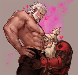 <3 2boys bara beard blizzard_entertainment body_hair dopq facial_hair male_only multiple_boys overwatch reinhardt silver_hair size_difference topless torbjörn undressing yaoi yy6242